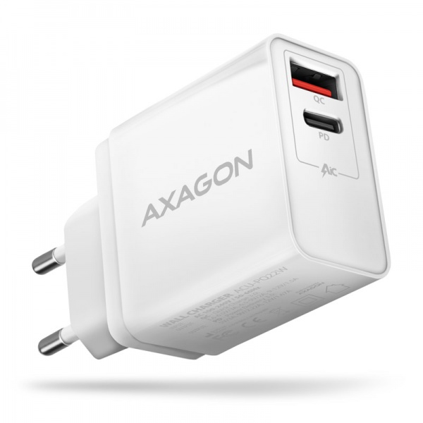 AXAGON ACU-PQ22W Charger, 1x USB-C, 1x USB-A, PD3.0/QC3.0, 22 W - white