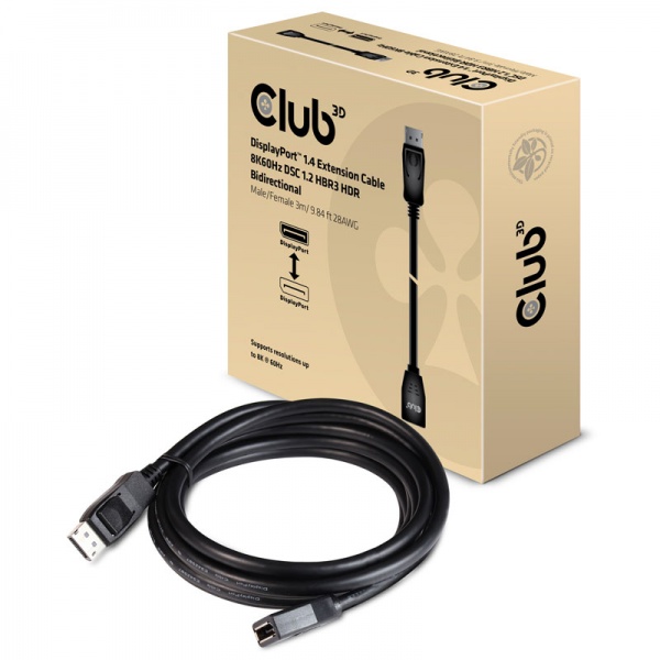 Club3D Club 3D Displayport 1.4 HBR3 8K60Hz DSC 1.2 Extension Cable Plug / Socket - 3M