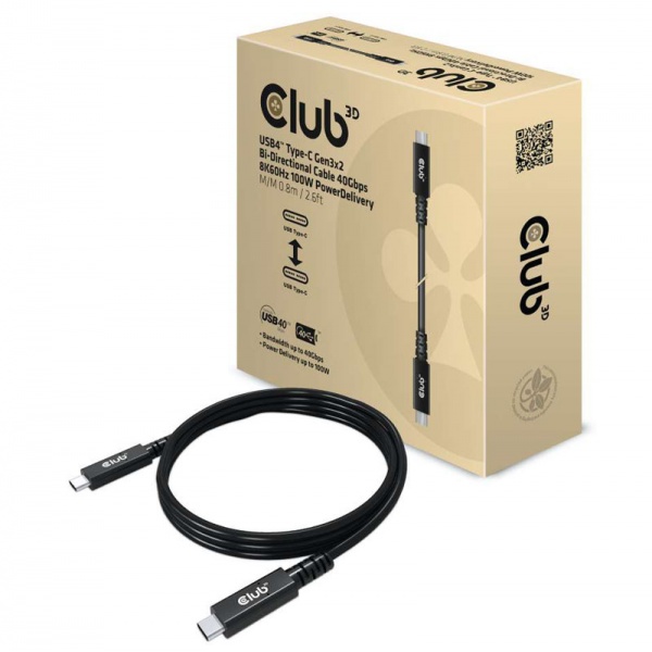 Club3D Club 3D USB 4 Type-C Gen3x2 Bi-Direc 8K60Hz, 40Gbps, 100W PD pc / pc - 0.8m
