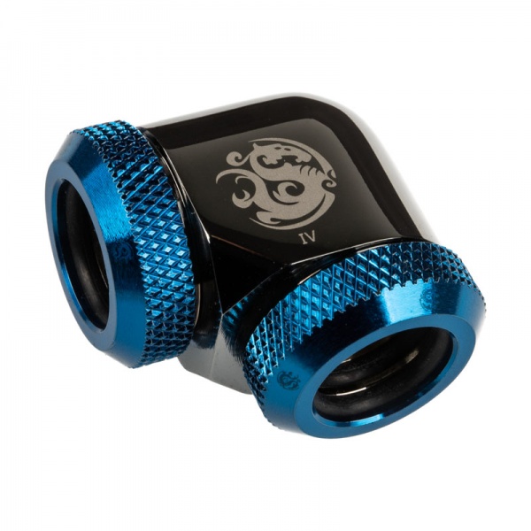 BitsPower Adapter 90 degrees 12mm AD hardtube to 12mm AD hardtube - glossy black / blue