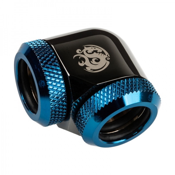BitsPower adapter 90 degrees 14mm AD hardtube to 14mm AD hardtube - glossy black / blue