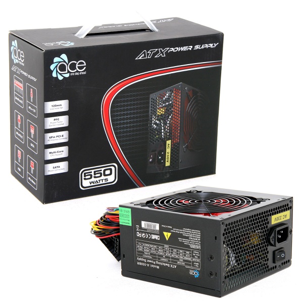 ACE 550W Black ATX Gaming PC PSU Power Supply 120mm Red