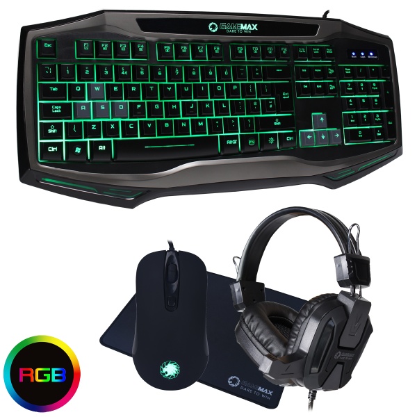 Game Max Raptor RGB Keyboard and Mouse Black Headset and Mouse Mat