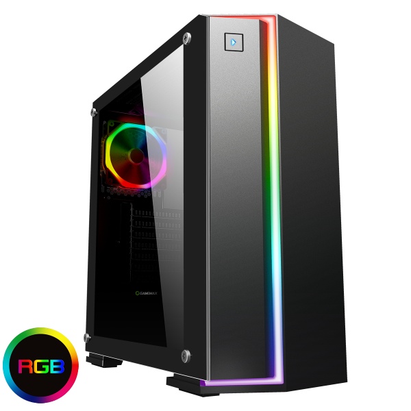 Game Max Starlight RGB Mid-Tower Gaming Case Rainbow Strip and Rear Fan Sync Hub Glass Side Panel