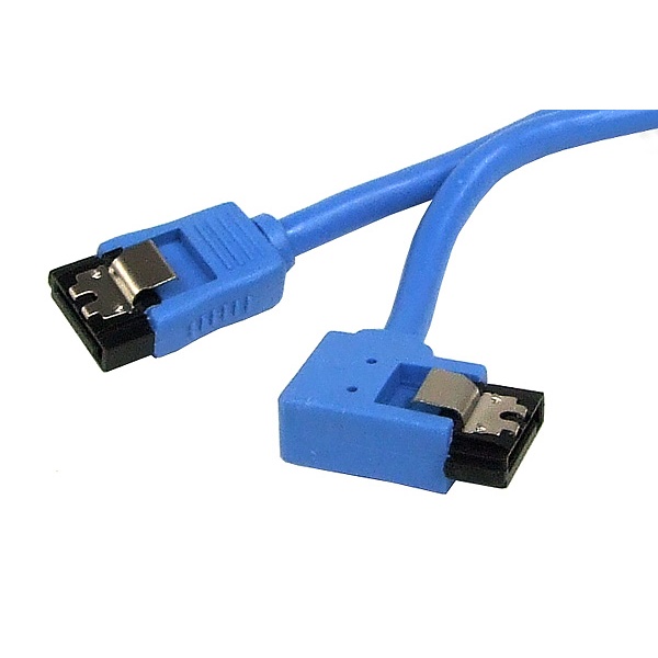 SATA round cable, blue, one side angled 90- left, with latches, 0.15m