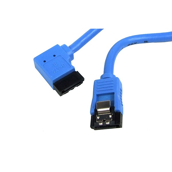 SATA round cable, blue, one side angled 90- right, with latches, 0.15m